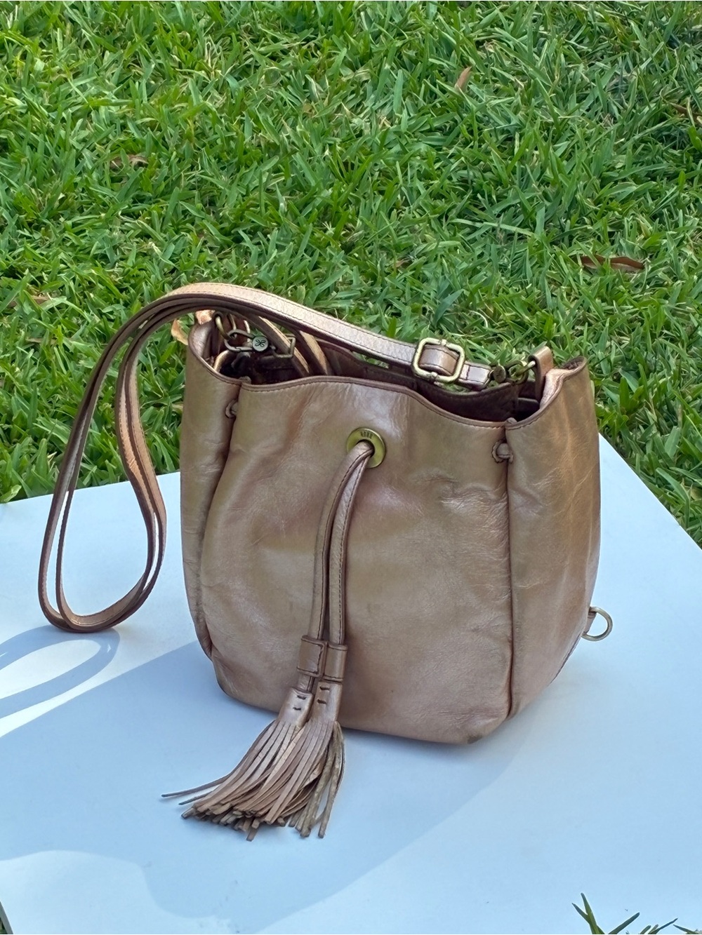 HOBO Puck Metallic Rose Gold Leather Convertible Bucket Bag Backpack